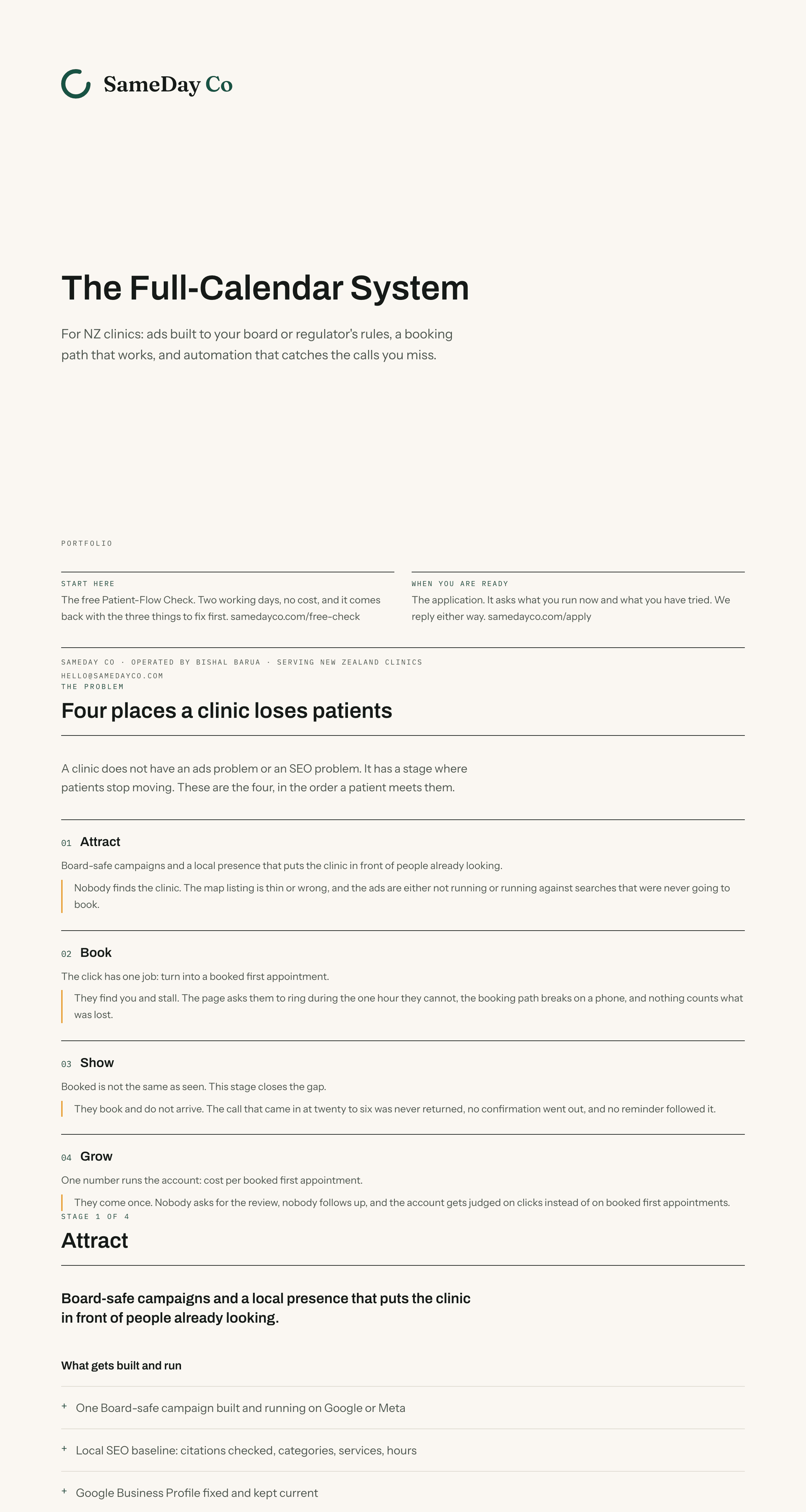 A page of the SameDay Co portfolio document, showing the four places a clinic loses patients.