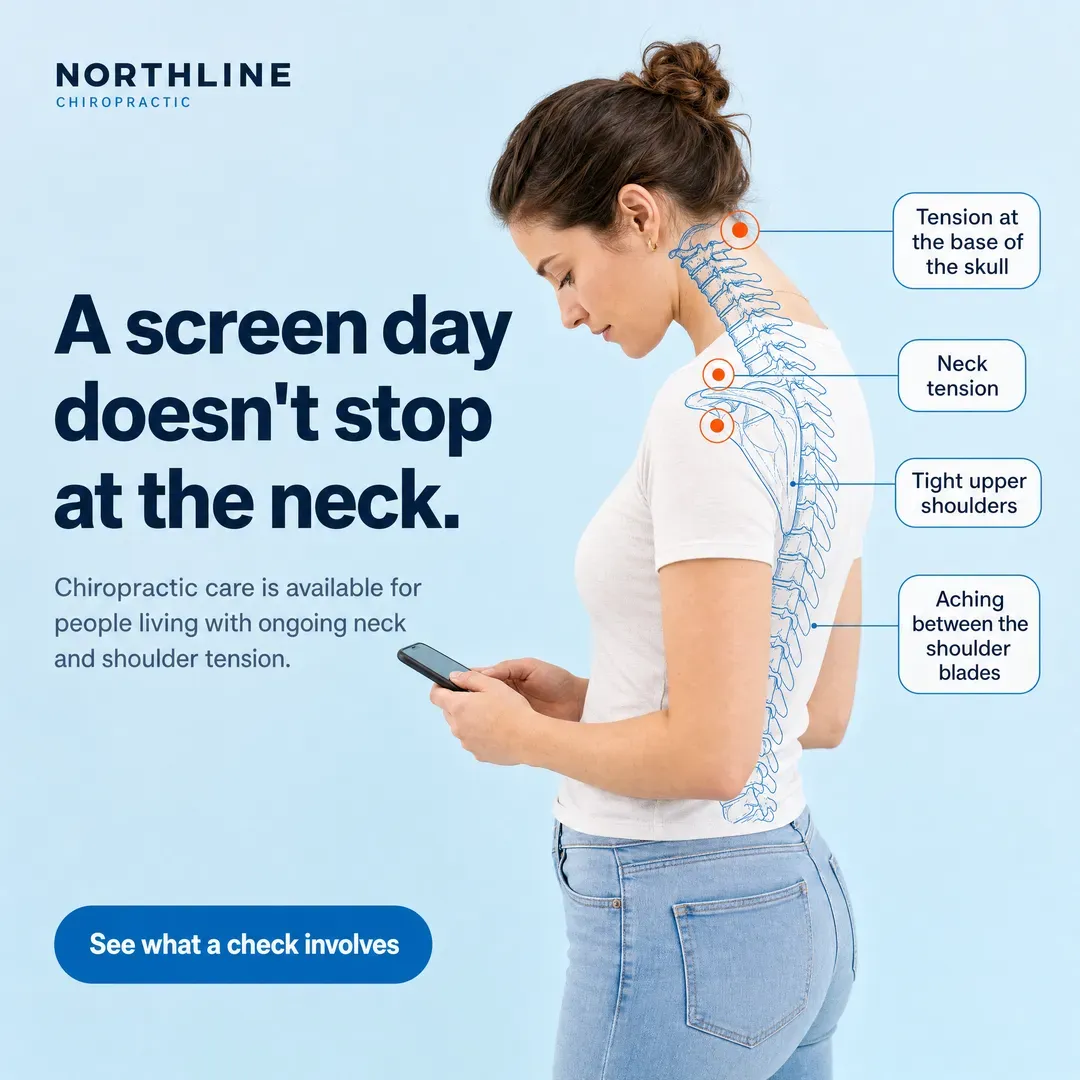 Withdrawn concept advertisement for Northline Chiropractic, an invented clinic. Held back for: personal attributes, craft defect.