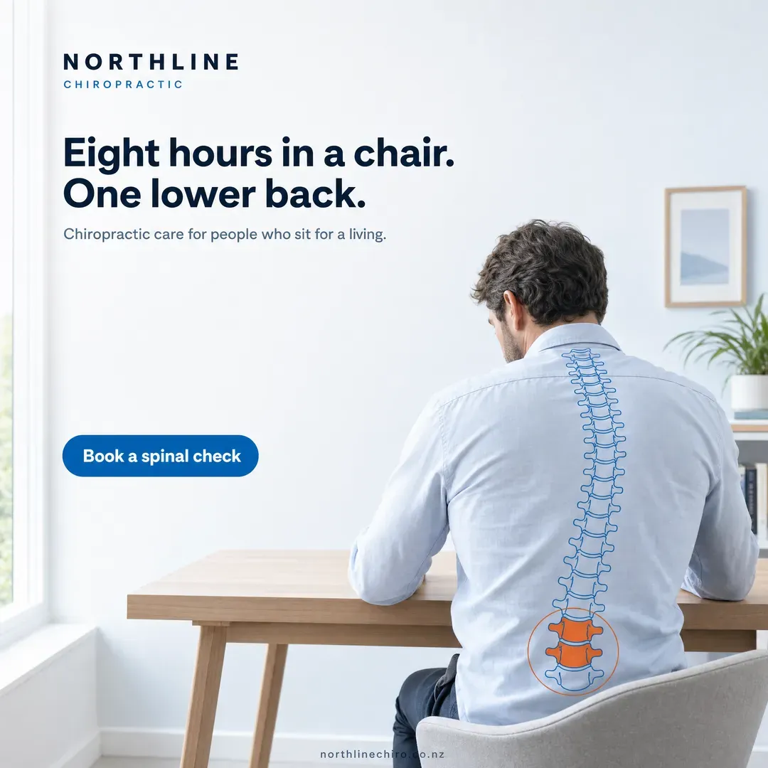 Withdrawn concept advertisement for Northline Chiropractic, an invented clinic. Held back for: diagnosis in an ad, craft defect.