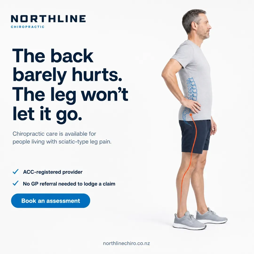 Withdrawn concept advertisement for Northline Chiropractic, an invented clinic. Held back for: unsourced claim, diagnosis in an ad.