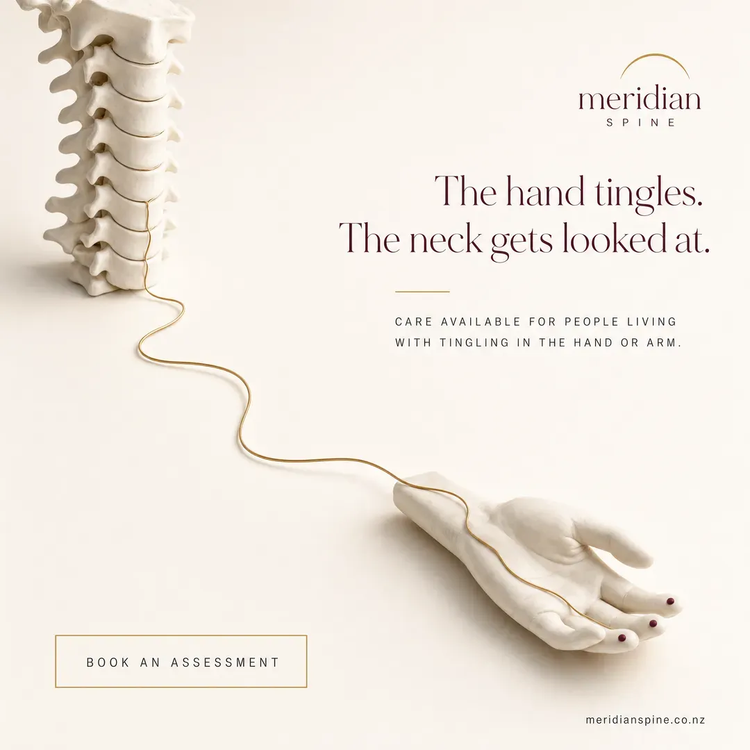 Withdrawn concept advertisement for Meridian Spine, an invented clinic. Held back for: red flag symptom.