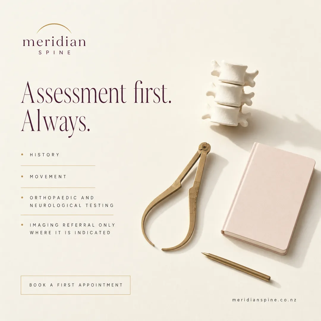 Concept advertisement for Meridian Spine, an invented clinic. Assessment first, imaging only where indicated.