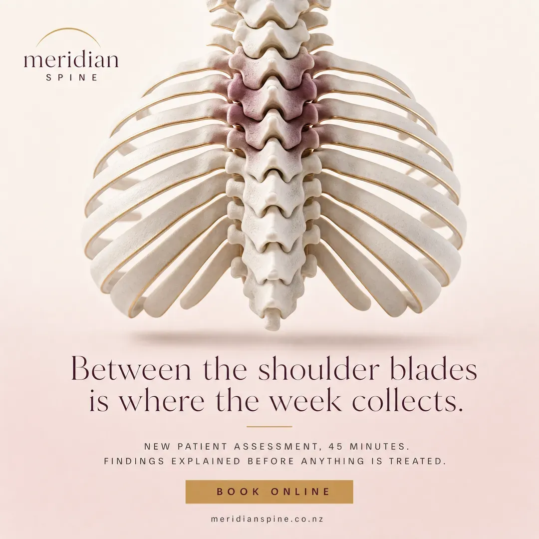Withdrawn concept advertisement for Meridian Spine, an invented clinic. Held back for: invented figure.