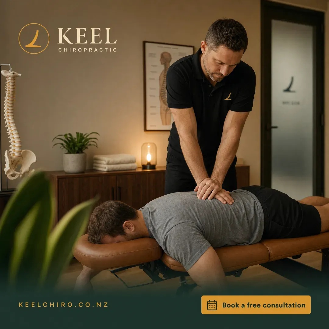 Withdrawn concept advertisement for Keel Chiropractic, an invented clinic. Held back for: synthetic person, unsourced claim.