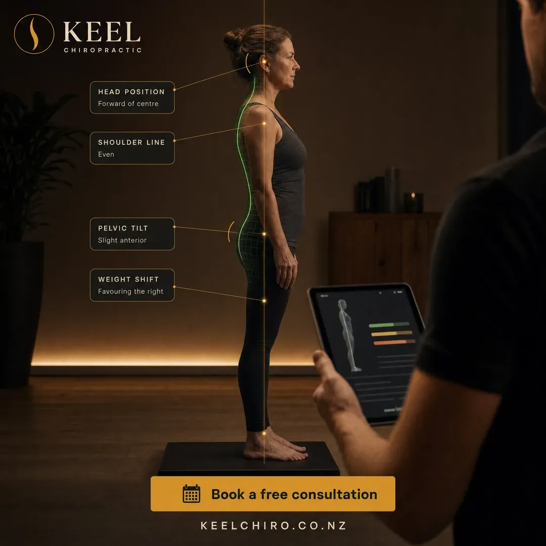 Withdrawn concept advertisement for Keel Chiropractic, an invented clinic. Held back for: diagnosis in an ad, unsourced claim.