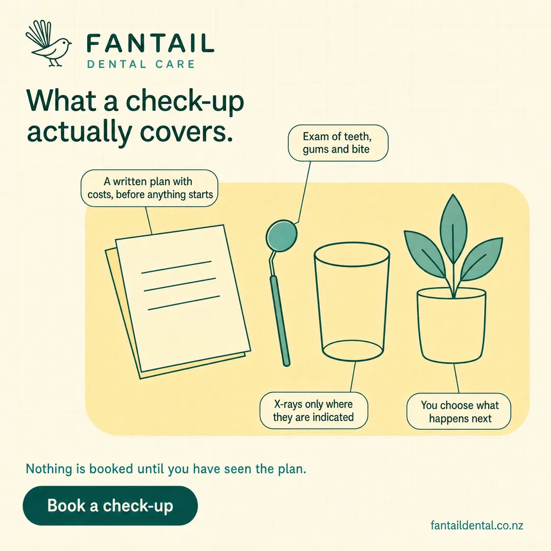 Concept advertisement for Fantail Dental Care, an invented clinic. What a check-up covers.