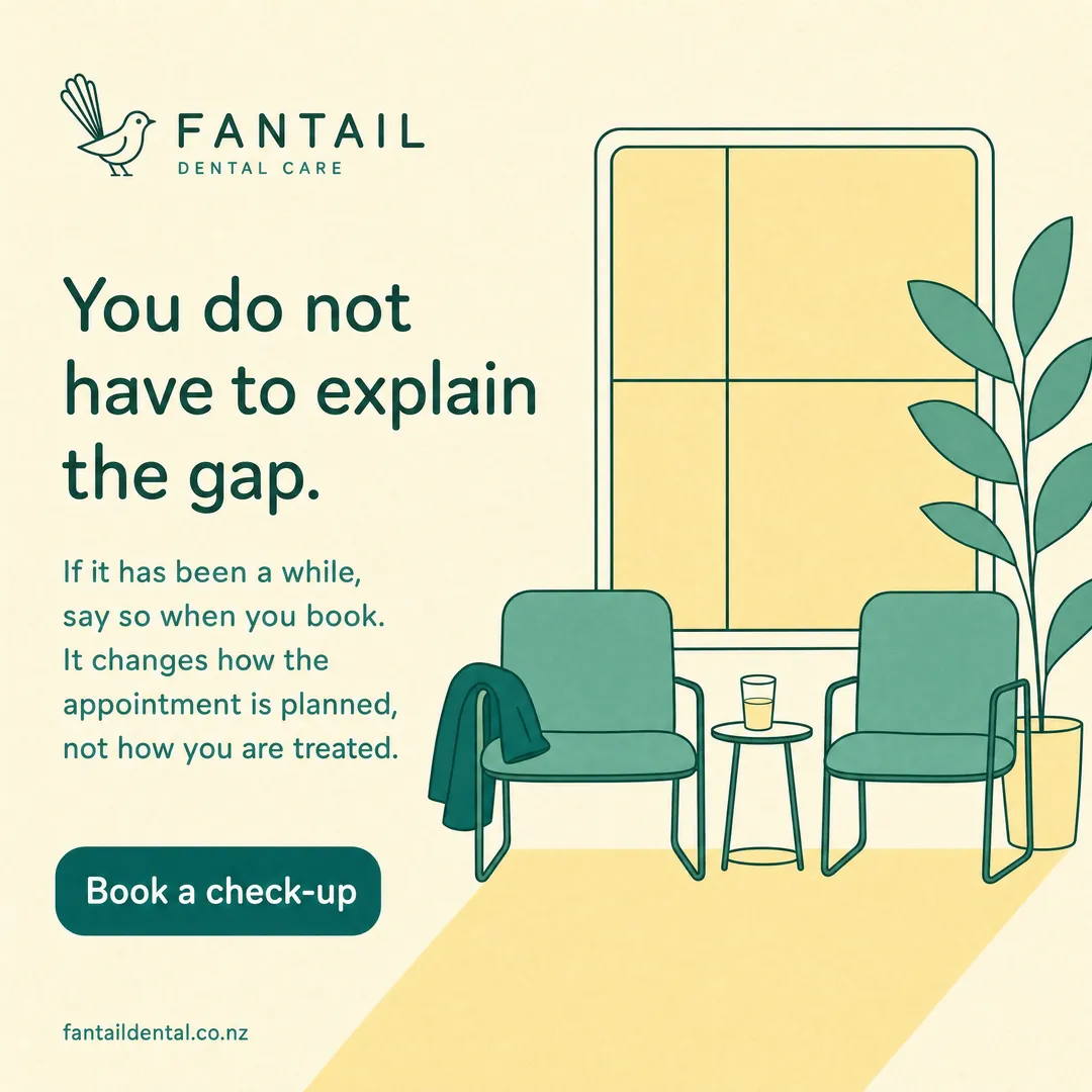 Concept advertisement for Fantail Dental Care, an invented clinic. The gap since the last visit.