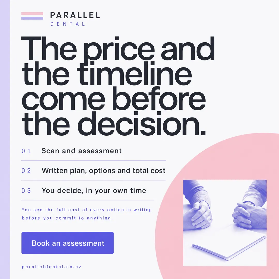 Concept advertisement for Parallel Dental, an invented clinic. Cost in writing, before the decision.