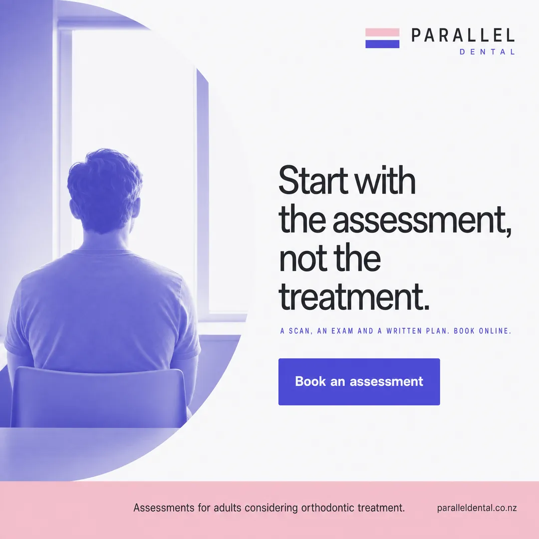 Concept advertisement for Parallel Dental, an invented clinic. Assessment first, treatment second.