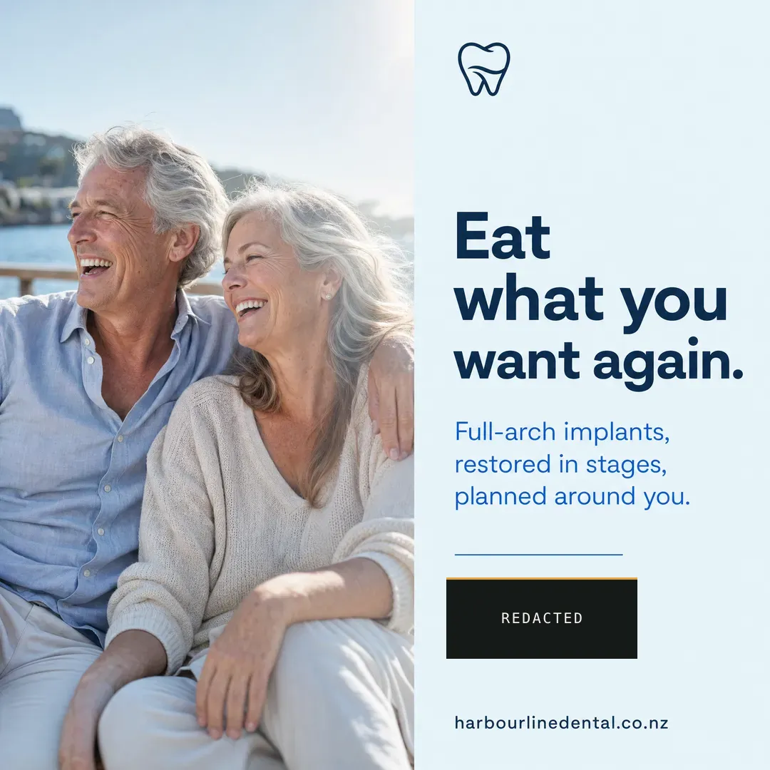 Withdrawn concept advertisement for Harbourline Dental, an invented clinic. Held back for: location rendered, outcome claim.