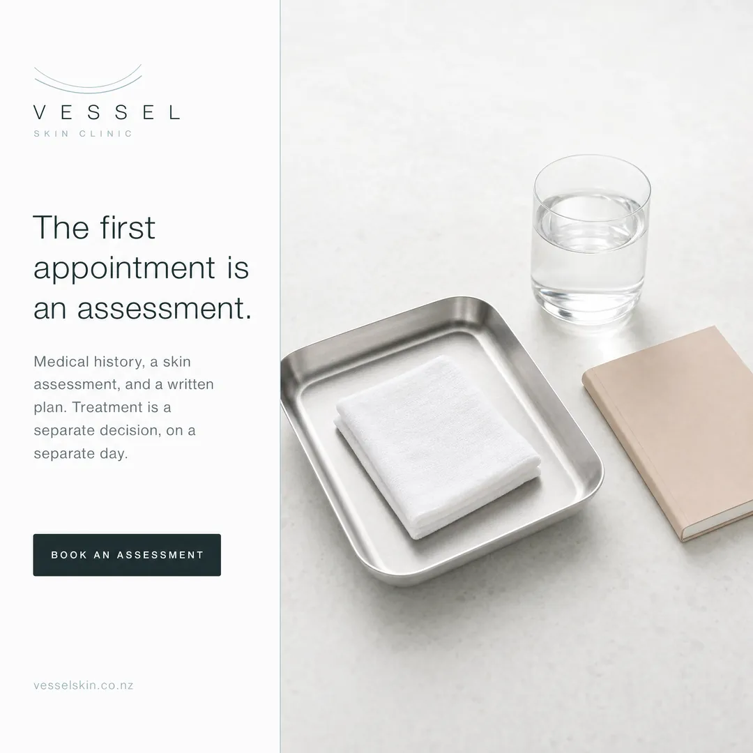 Concept advertisement for Vessel Skin Clinic, an invented clinic. The first appointment is an assessment.