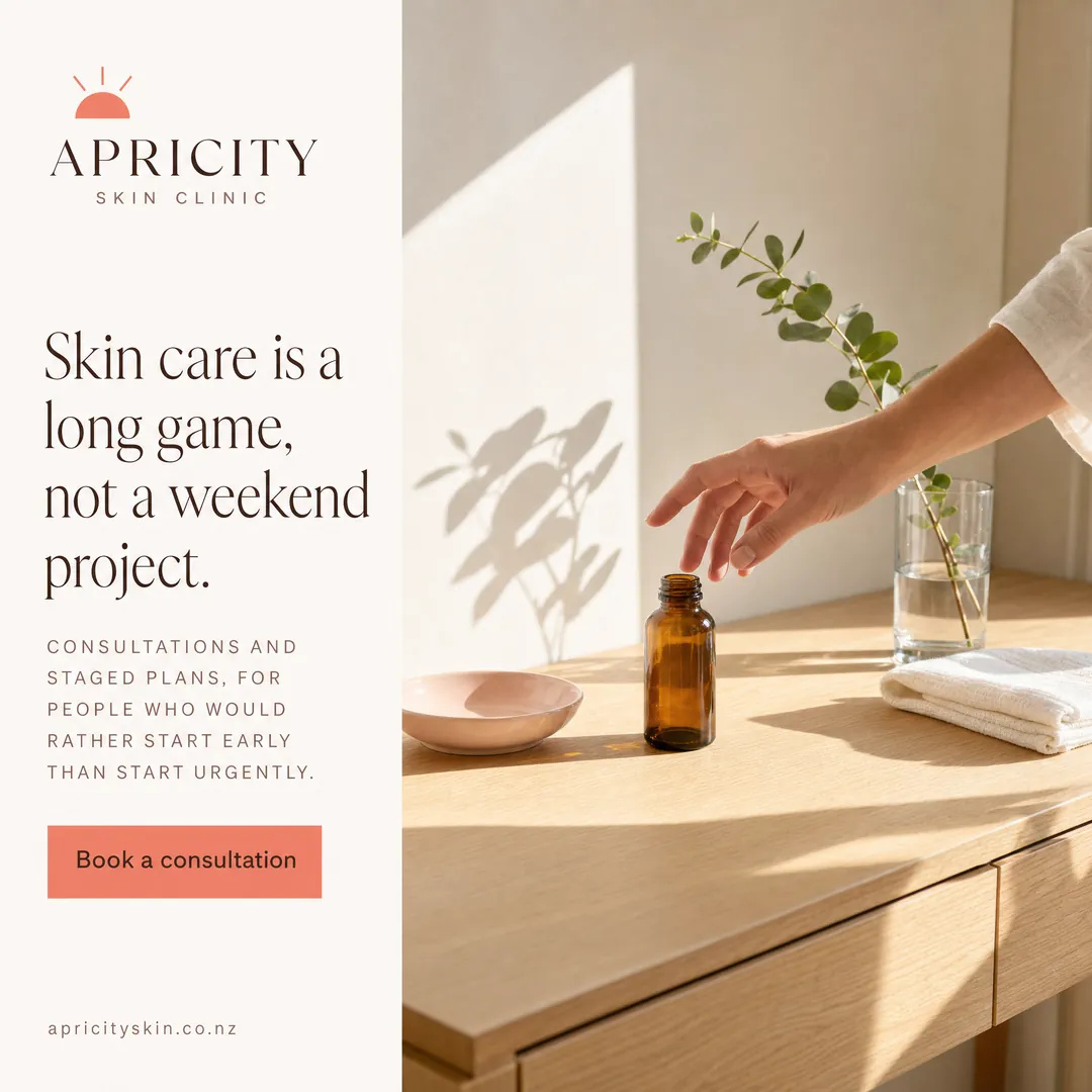 Concept advertisement for Apricity Skin Clinic, an invented clinic. Staged plans, not a weekend project.