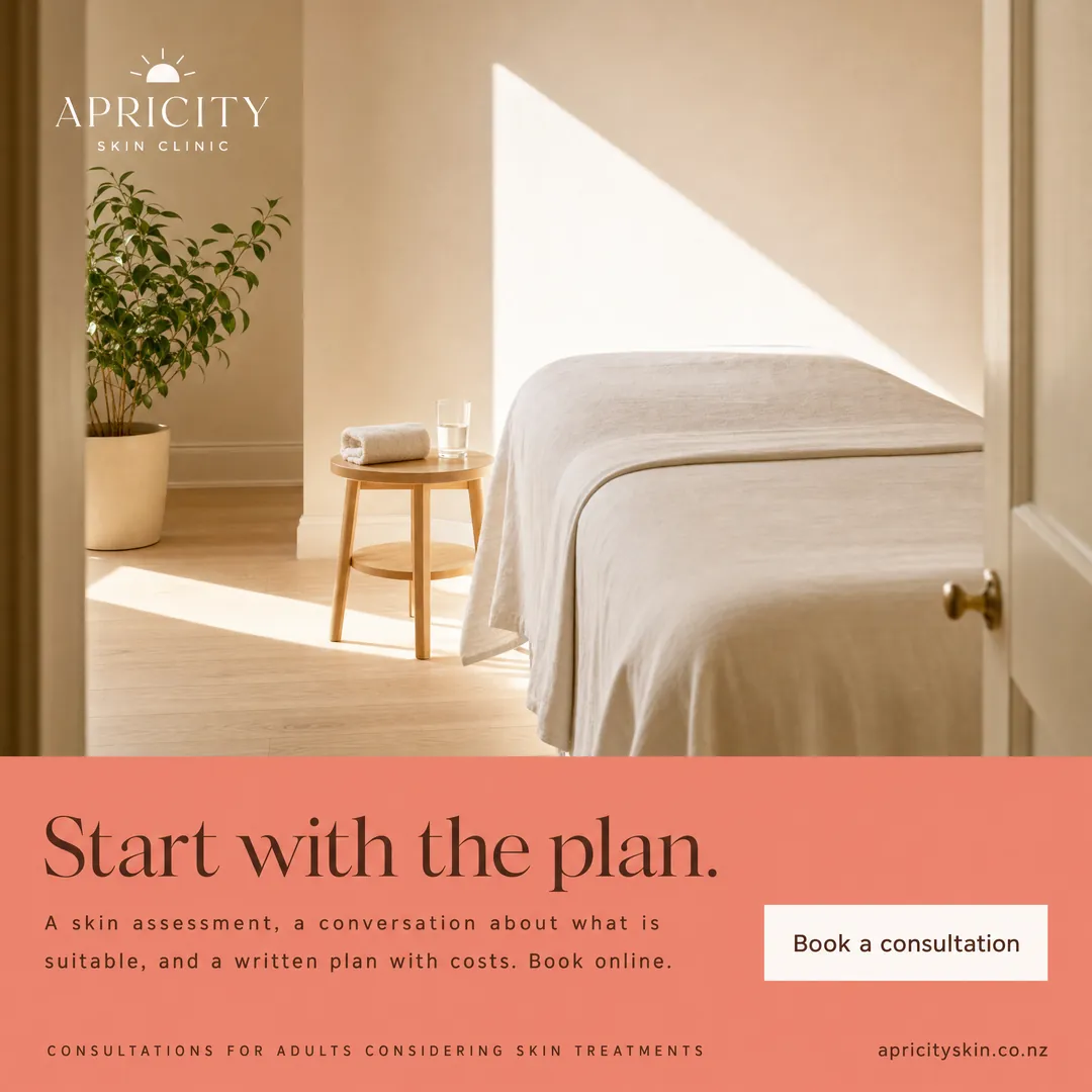 Concept advertisement for Apricity Skin Clinic, an invented clinic. Start with the plan.
