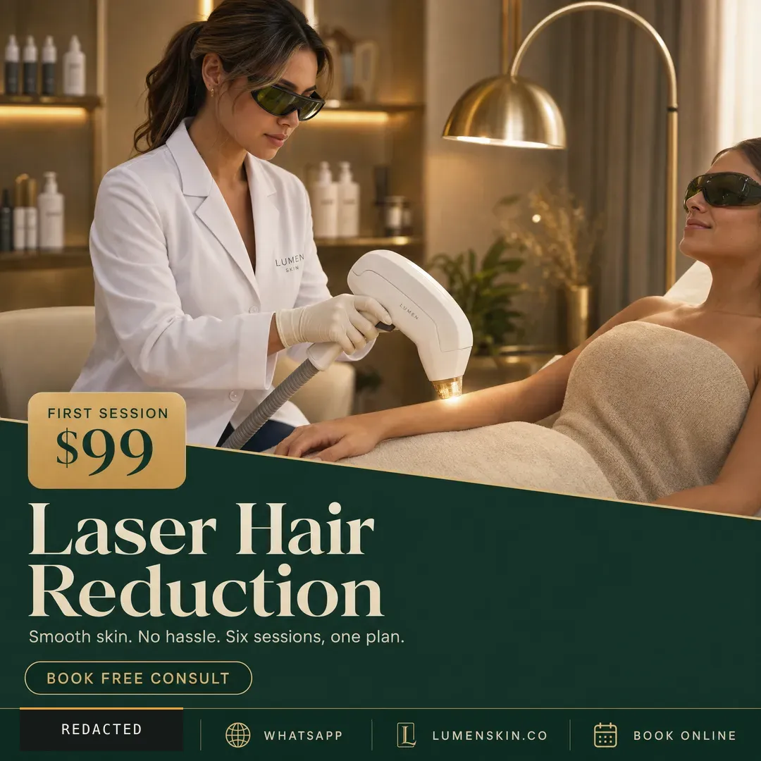 Withdrawn concept advertisement for Lumen Skin Clinic, an invented clinic. Held back for: location rendered, inducement, outcome claim, unsourced claim.