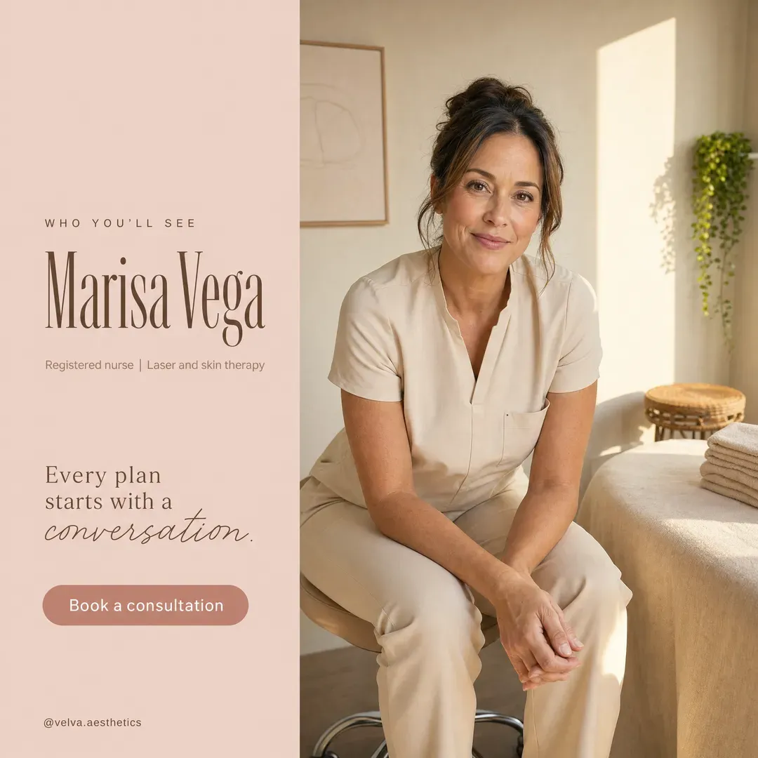 Withdrawn concept advertisement for Velva Aesthetics, an invented clinic. Held back for: protected title, synthetic person.