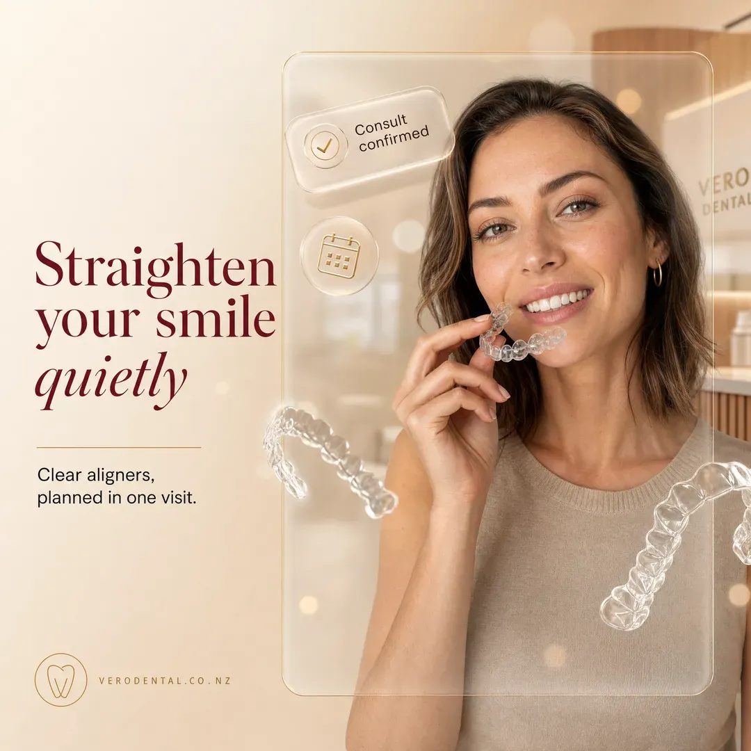 Withdrawn concept advertisement for Vero Dental, an invented clinic. Held back for: personal attributes, outcome claim, craft defect.